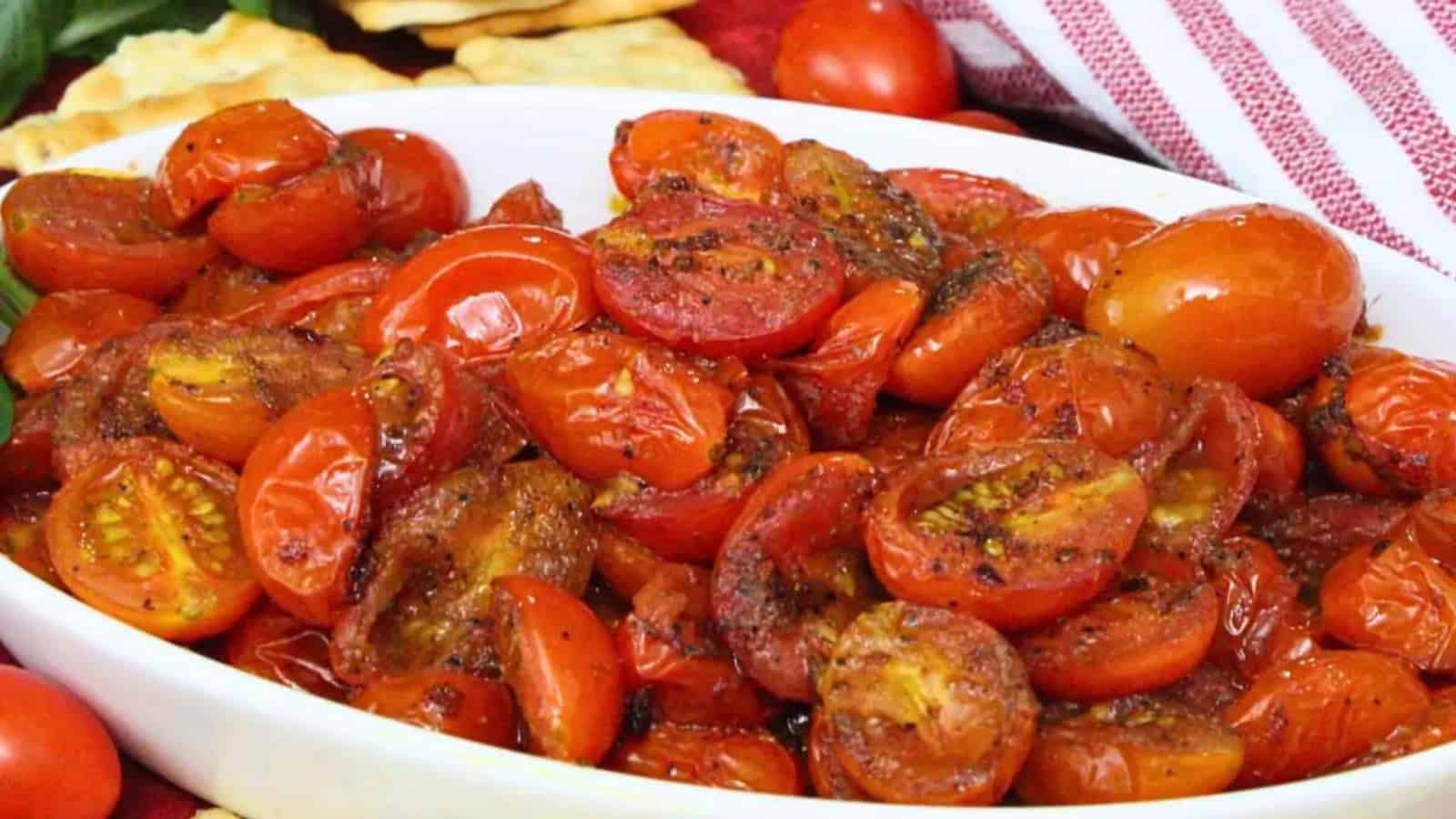 Air fryer cherry tomatoes roasted until blistered and caramelized.
