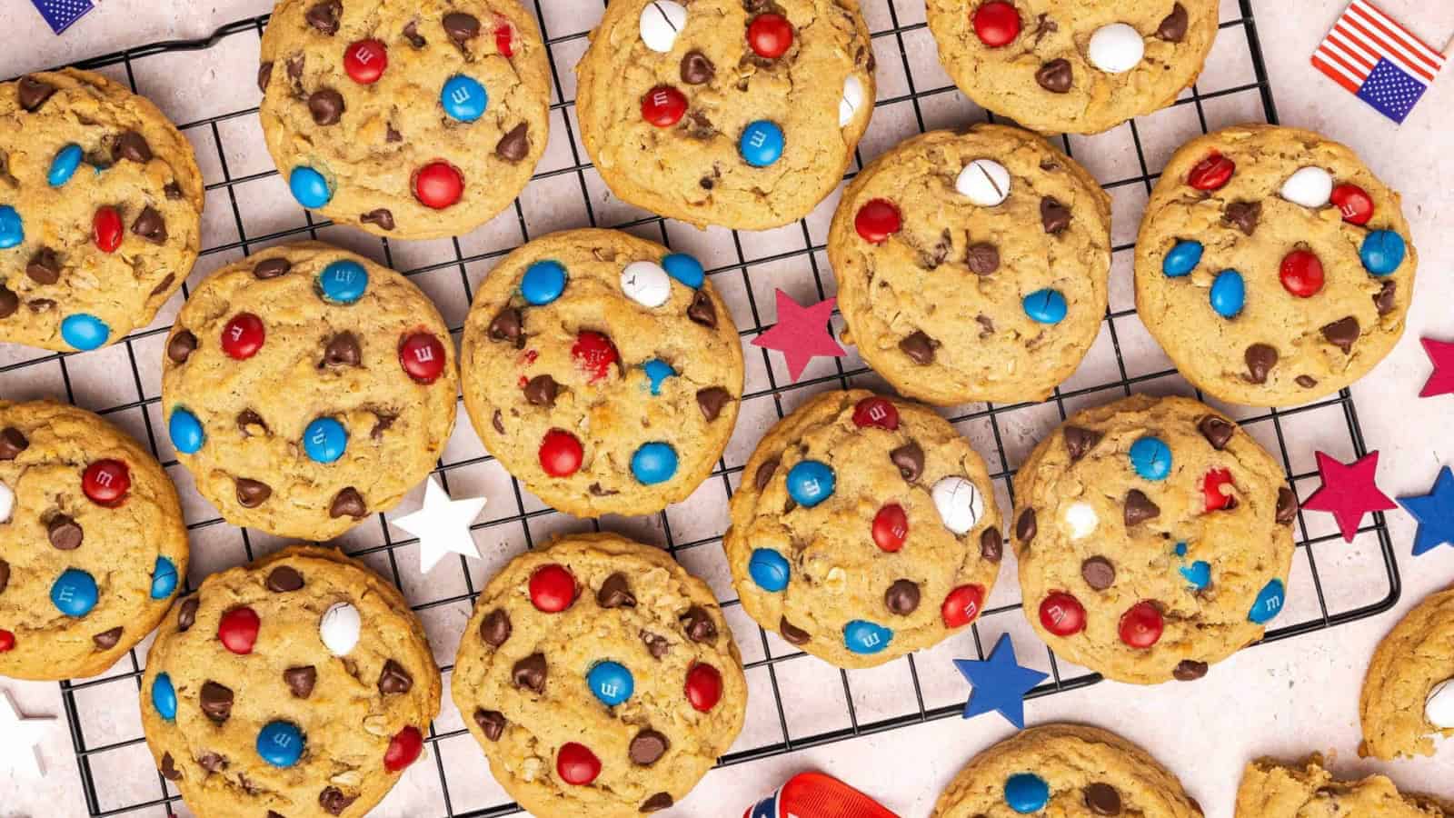 Colorful monster cookies filled with festive red, white, and blue candies.