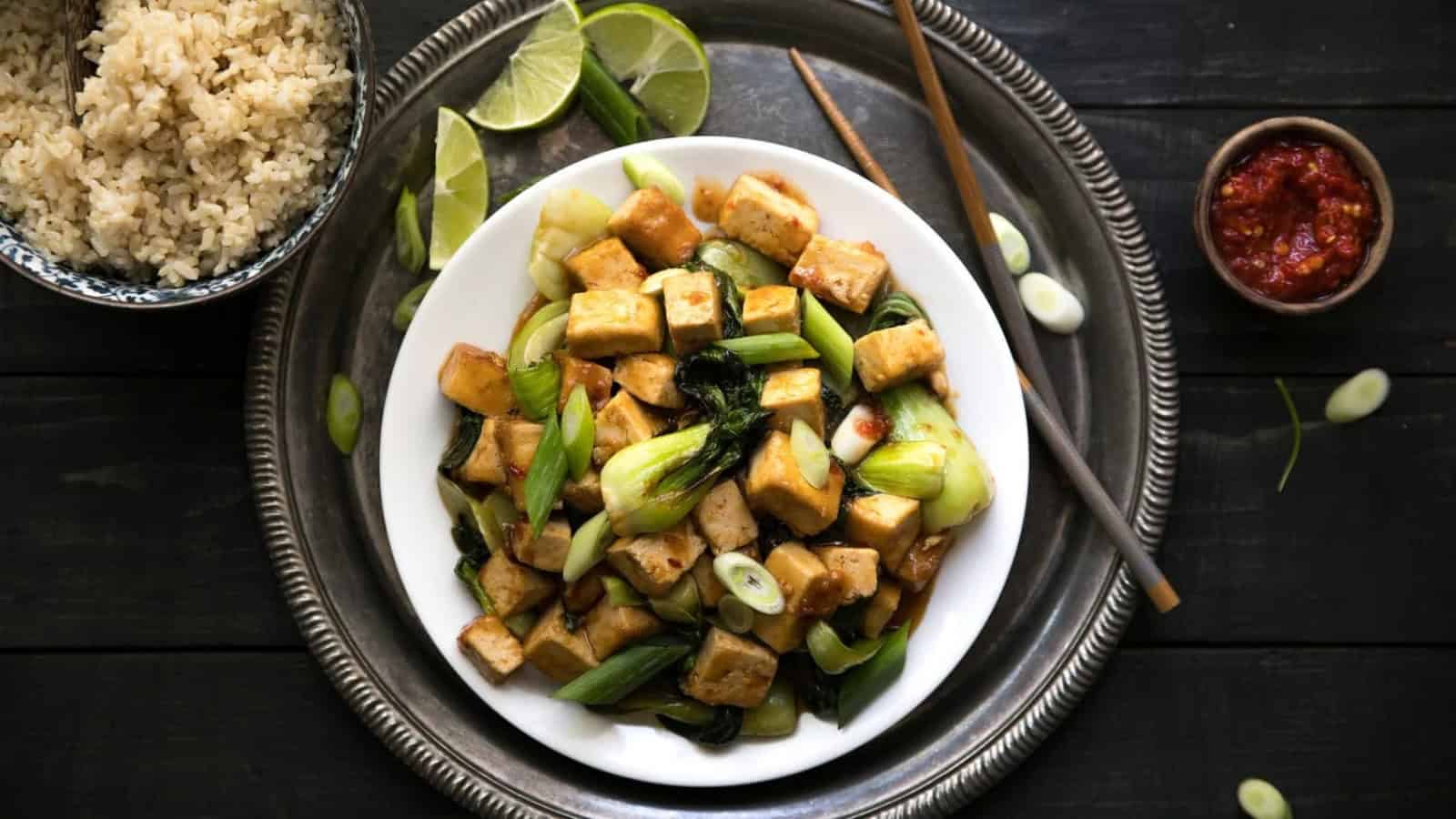 Spicy stir-fried tofu served with tender bok choy.