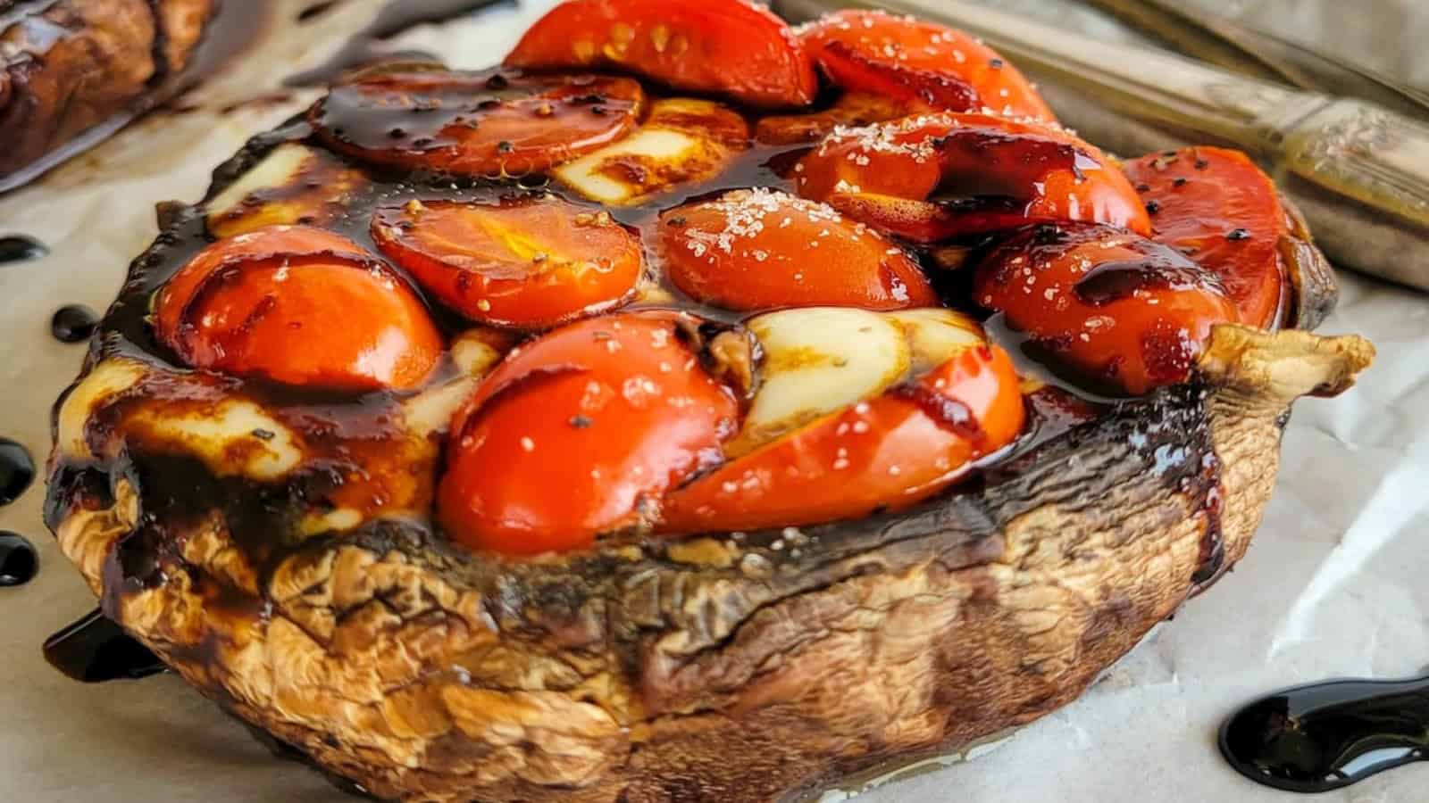 Mushrooms stuffed with mozzarella, tomatoes, and fresh basil.