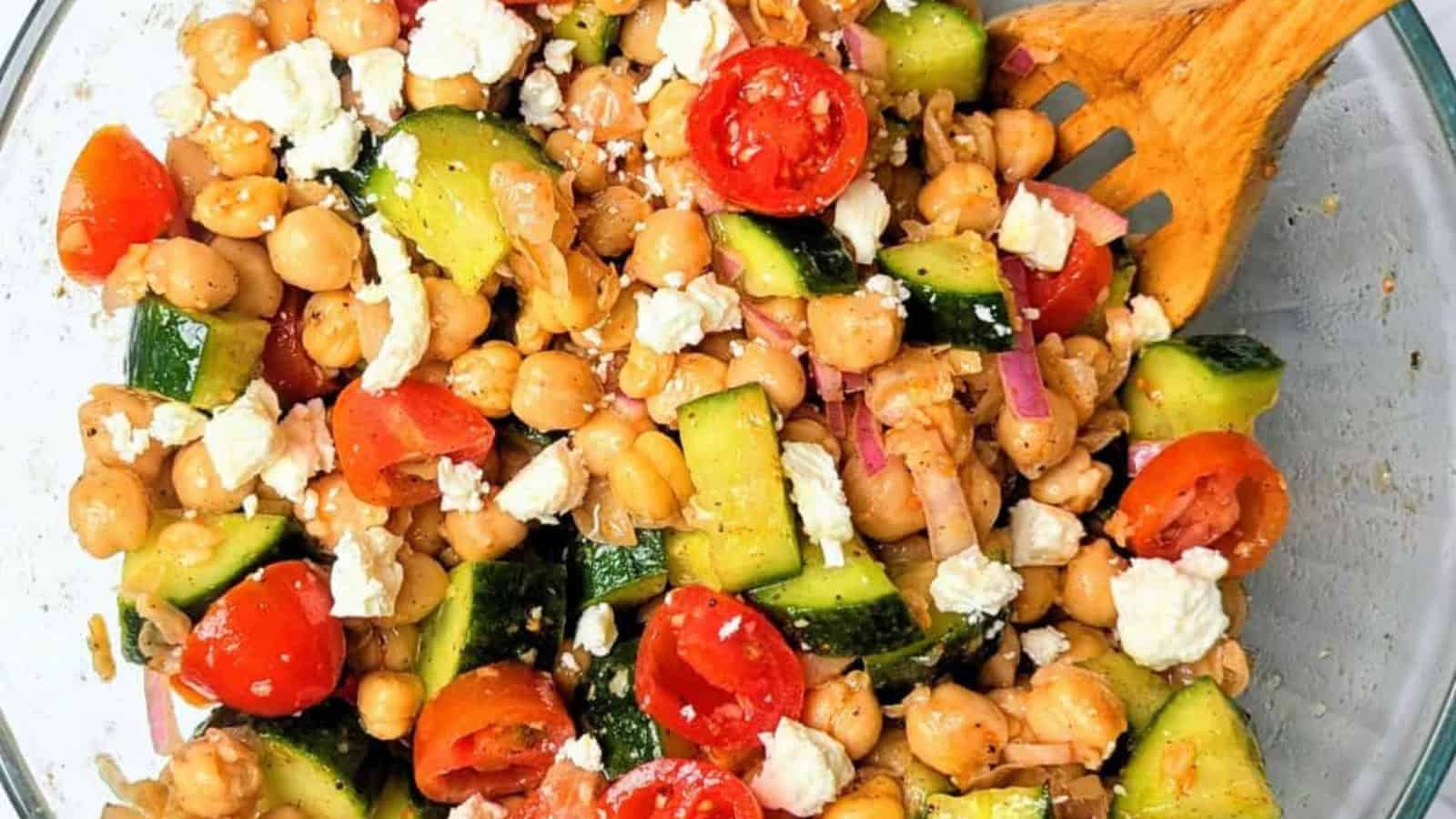 Chickpea cucumber feta salad tossed with herbs and a tangy dressing.