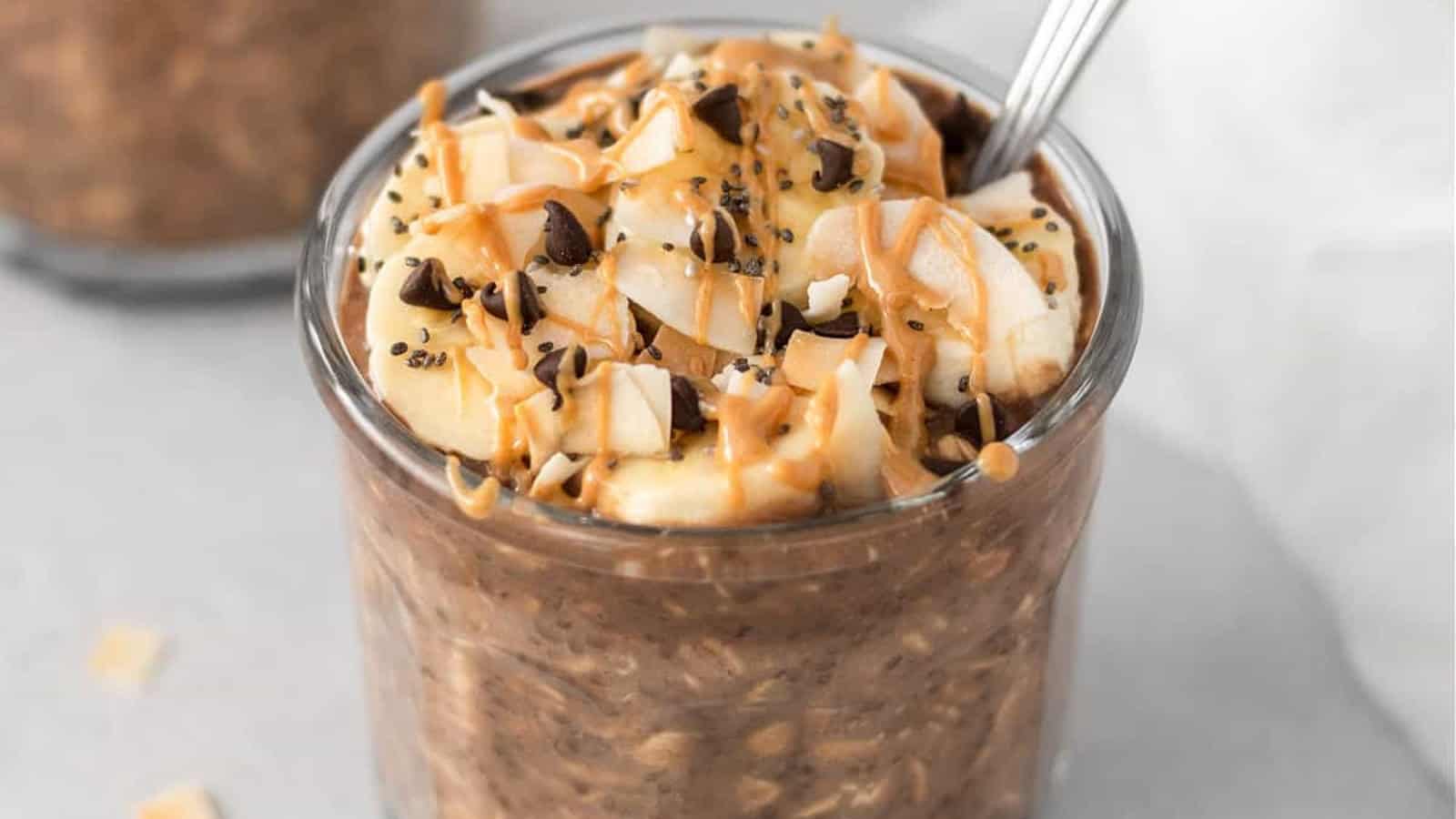 Creamy overnight oats made with chocolate and peanut butter.