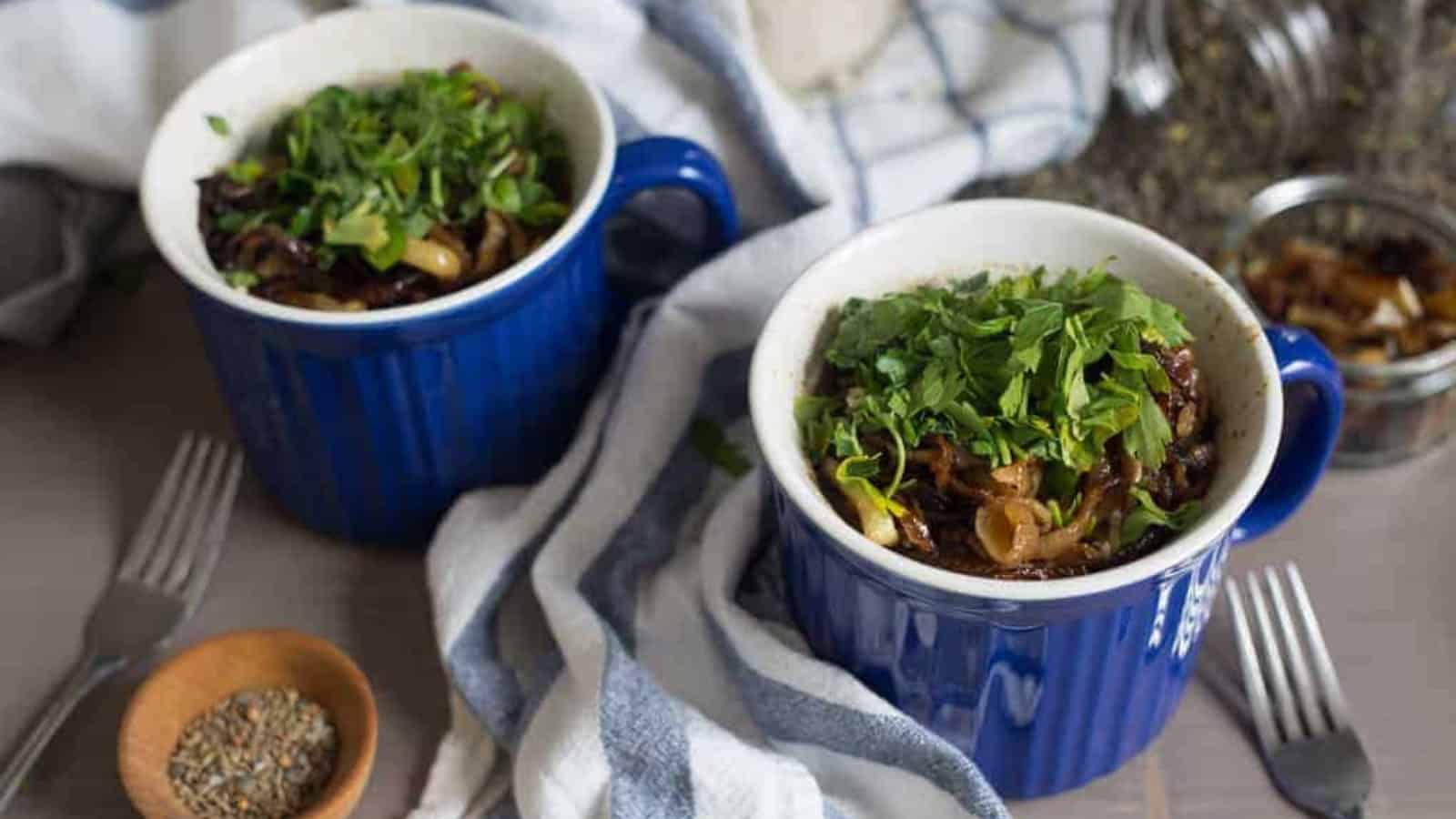 Mujadara with lentils, rice, and caramelized onions served in a bowl.