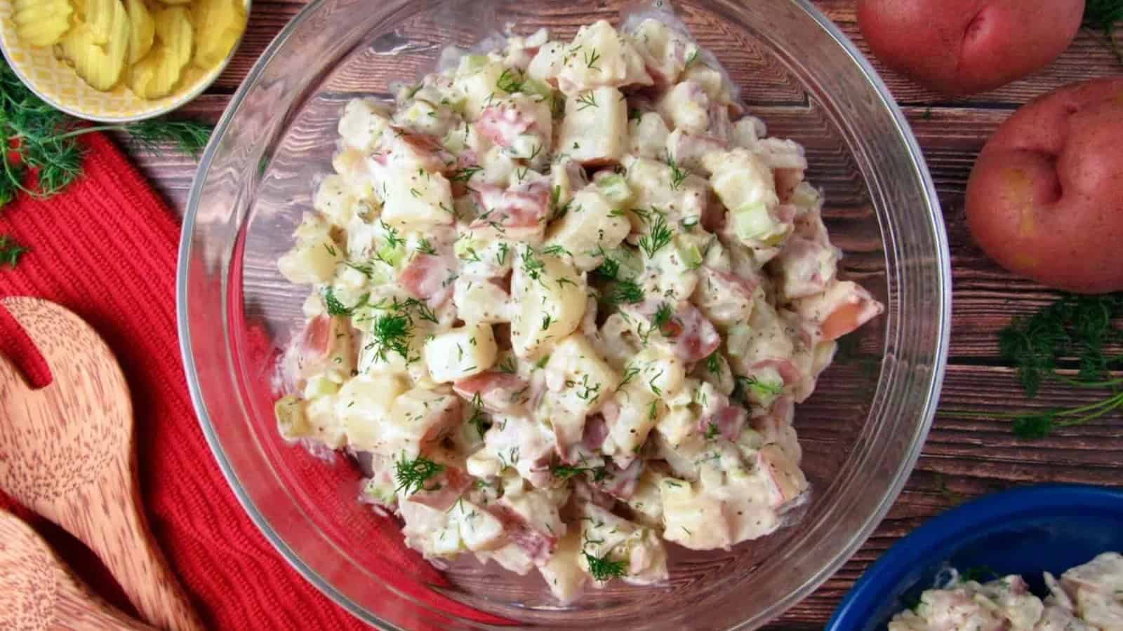 Creamy vegan potato salad with tender potatoes and fresh dill.