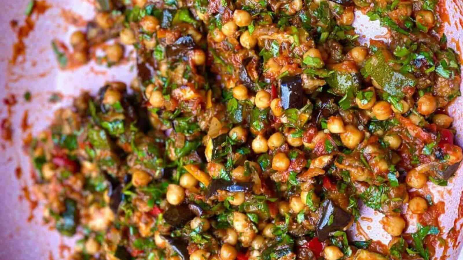 Chickpea ratatouille with tender vegetables in a rich tomato sauce.