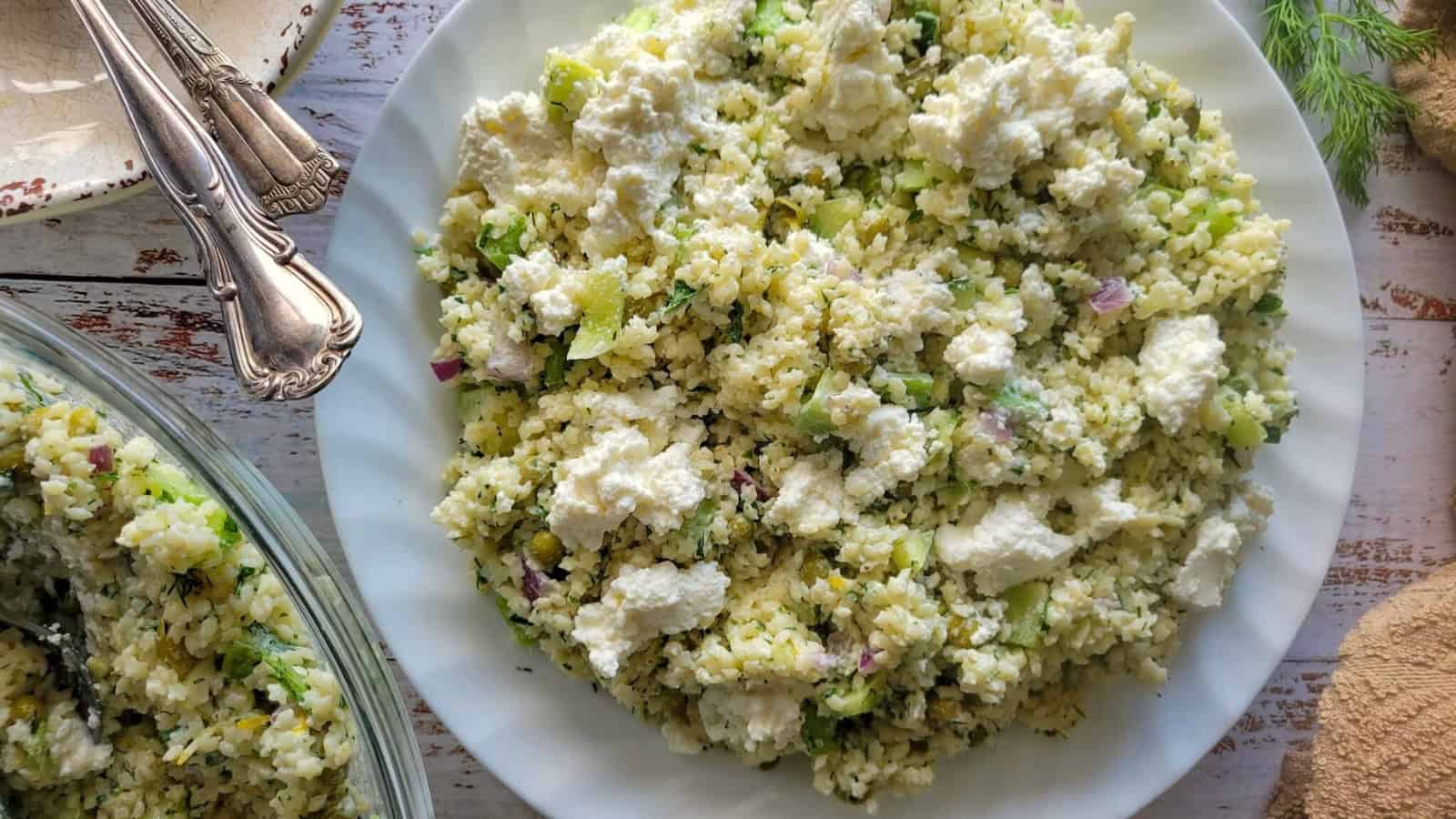 Pastina salad with tiny pasta, fresh vegetables, and herbs.