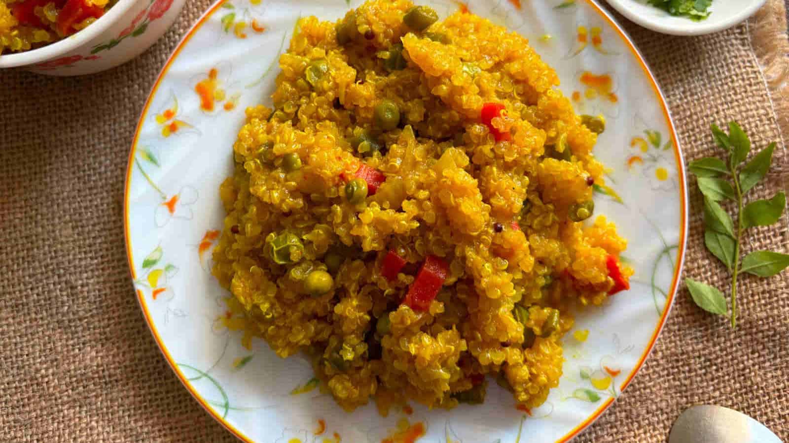 Savory rava upma cooked with mixed vegetables and spices.