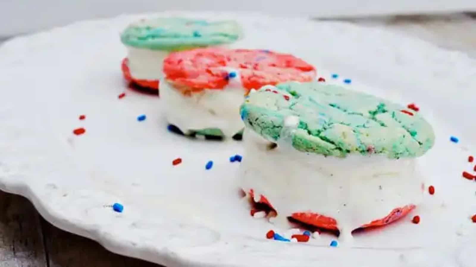 Ice cream sandwiches rolled in red, white, and blue decorations.
