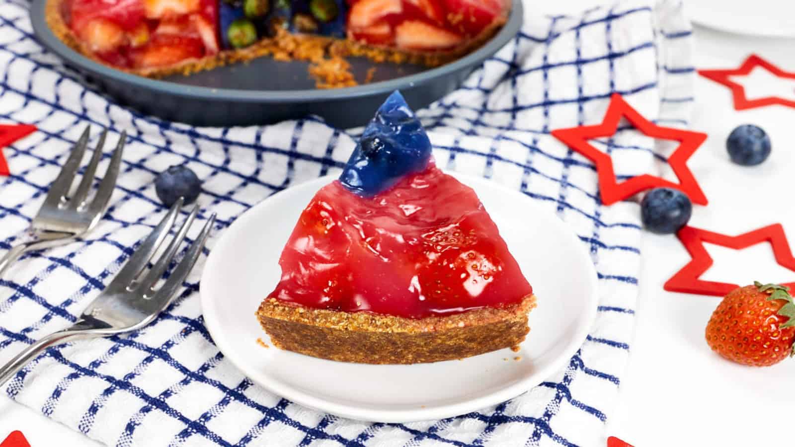 Fruit pie filled with sweet strawberries and juicy blueberries.