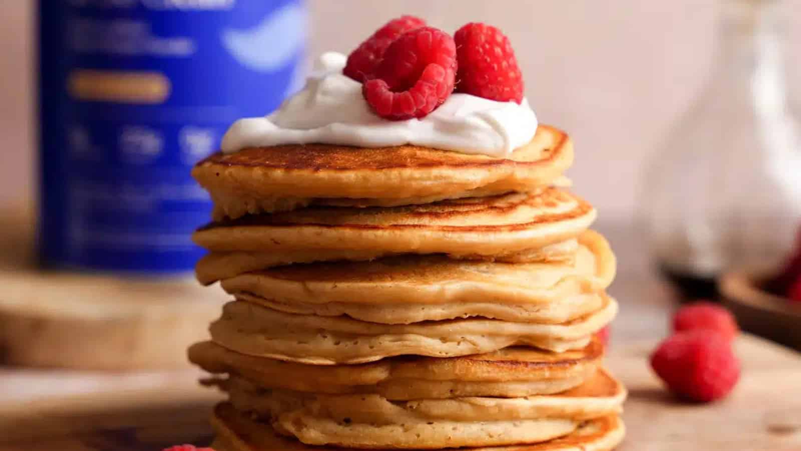 Fluffy vegan protein pancakes stacked with your favorite toppings.