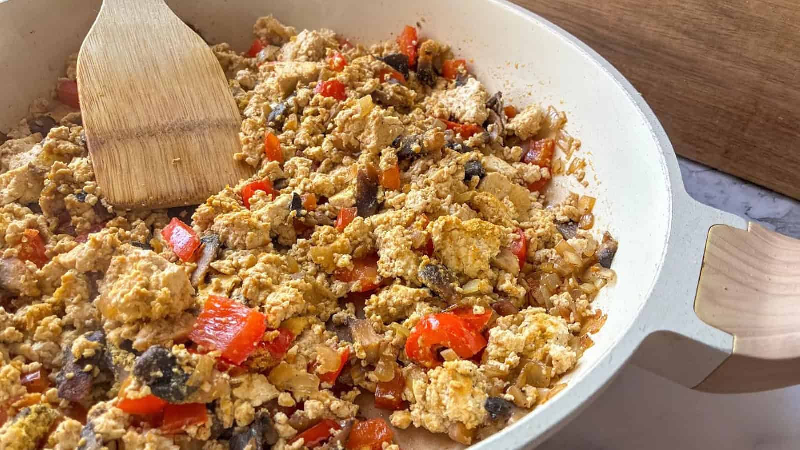Tofu scramble with mushrooms, bell peppers, and savory spices.