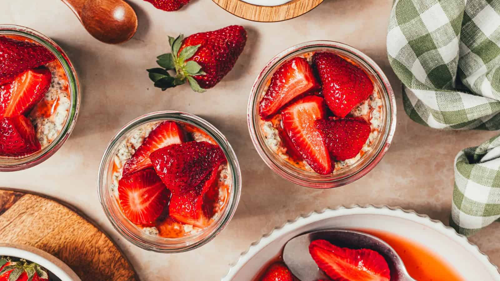 Overnight oats topped with juicy macerated strawberries.