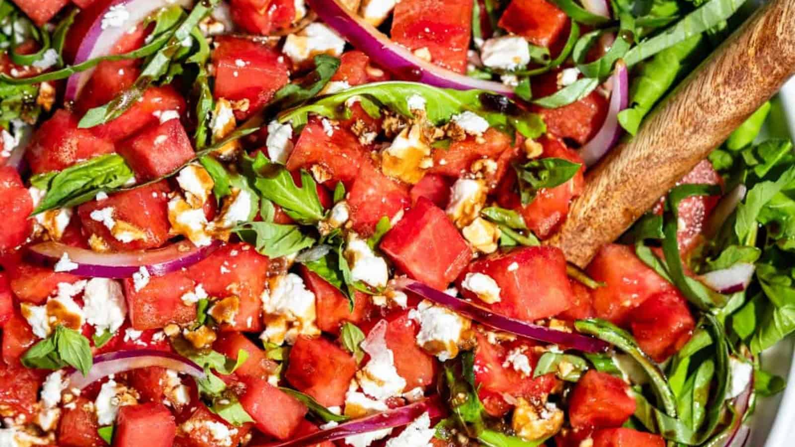 Watermelon feta spinach salad with juicy melon and fresh greens.