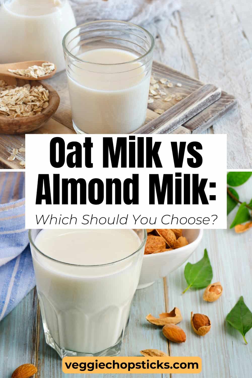 Two glasses of plant-based milk with oats and almonds displayed side by side, illustrating the comparison between oat milk and almond milk.