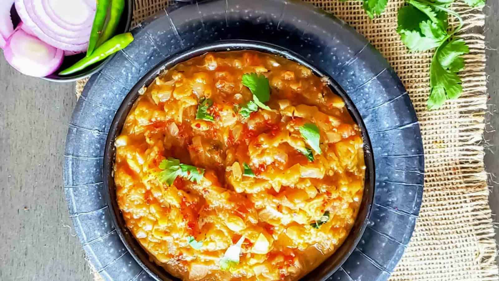 Roasted mashed eggplant cooked with aromatic Indian spices.