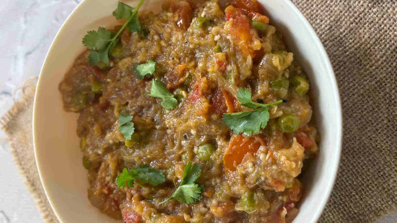 Smoky roasted eggplant mashed with onions, tomatoes, and spices.