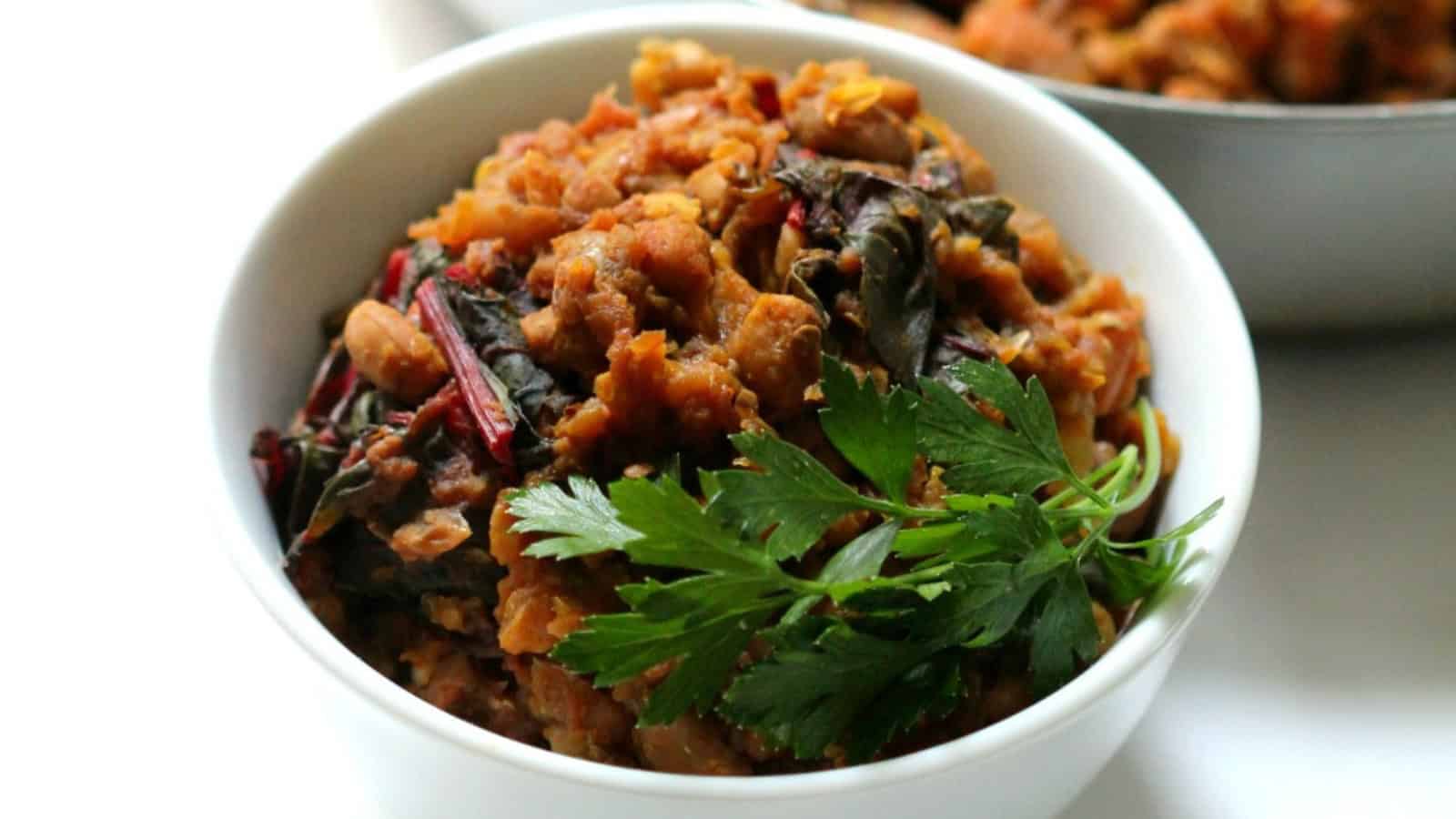 Black-eyed pea curry with roasted eggplant and Swiss chard.