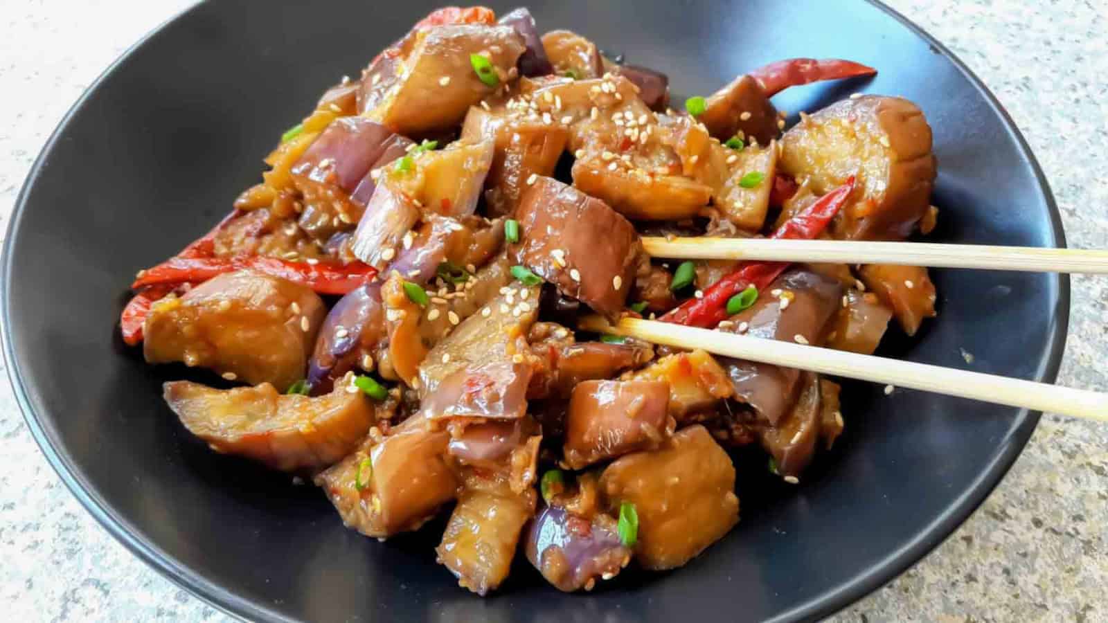 Chinese-style spicy eggplant stir-fried with garlic and chilies.