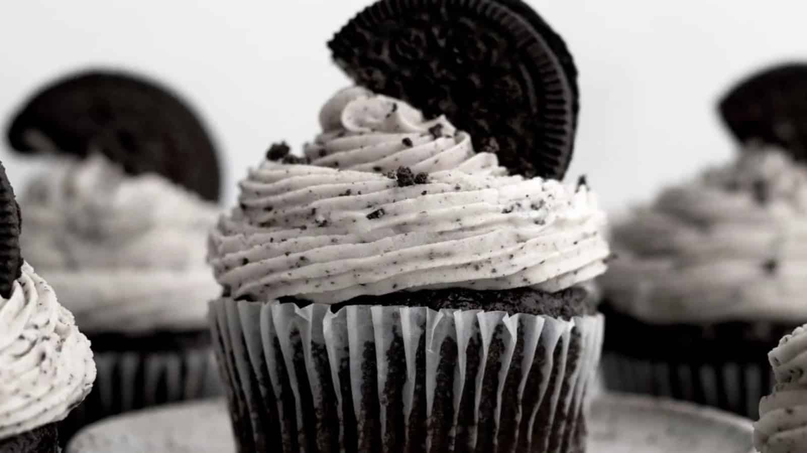Cookies and cream cupcakes topped with creamy Oreo frosting.