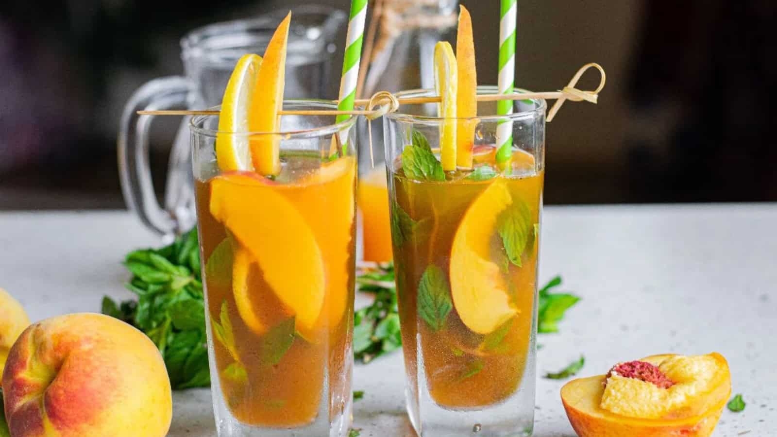 Spiked peach iced tea lemonade served over ice.