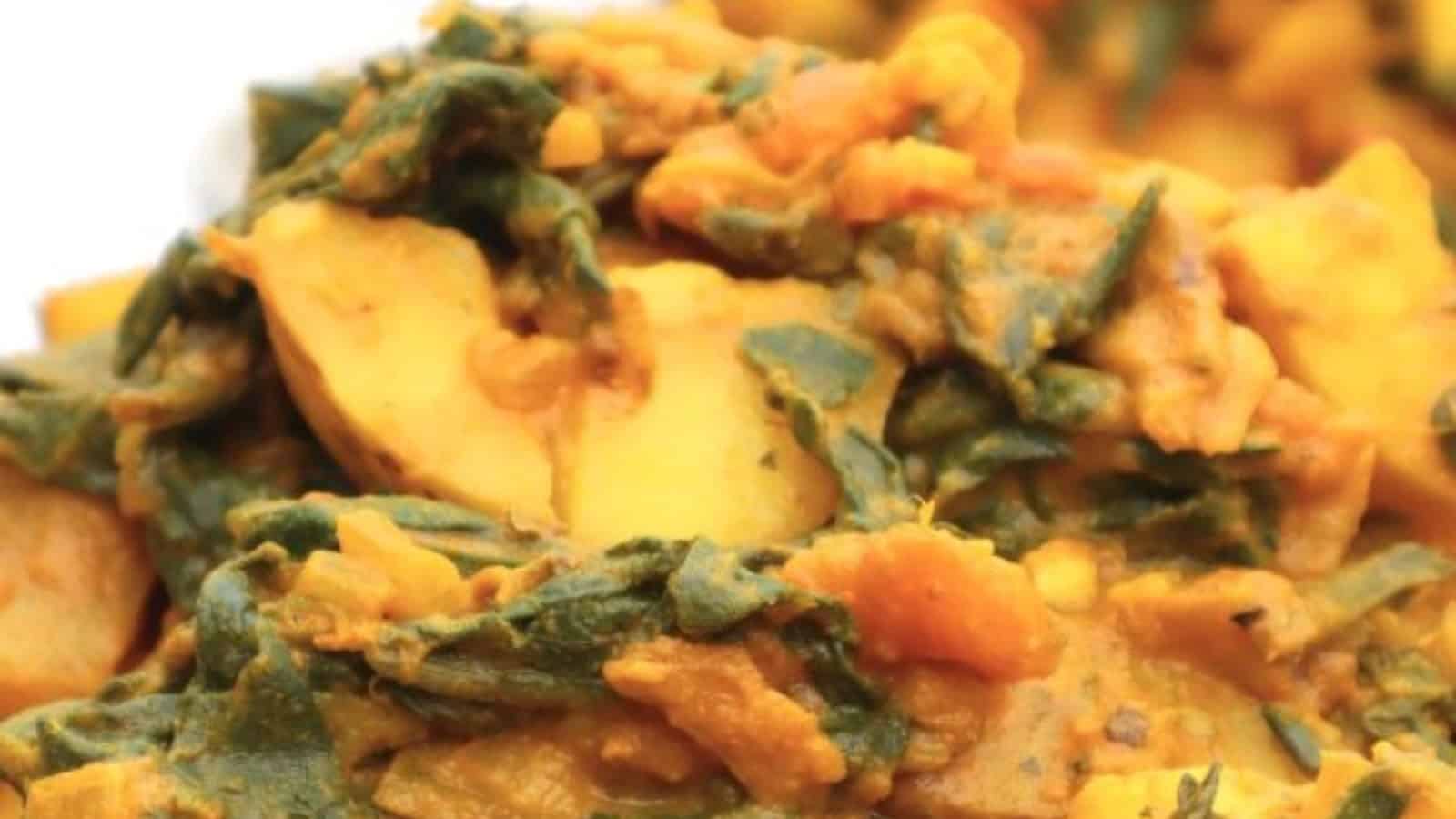 Sweet potato and eggplant simmered in a creamy coconut curry.