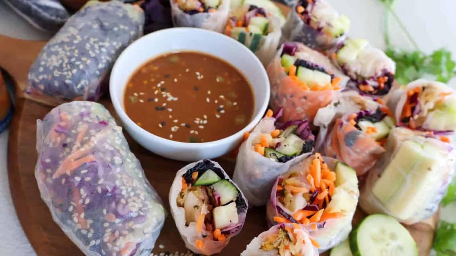 Fresh summer rolls filled with kimchi and crisp vegetables.