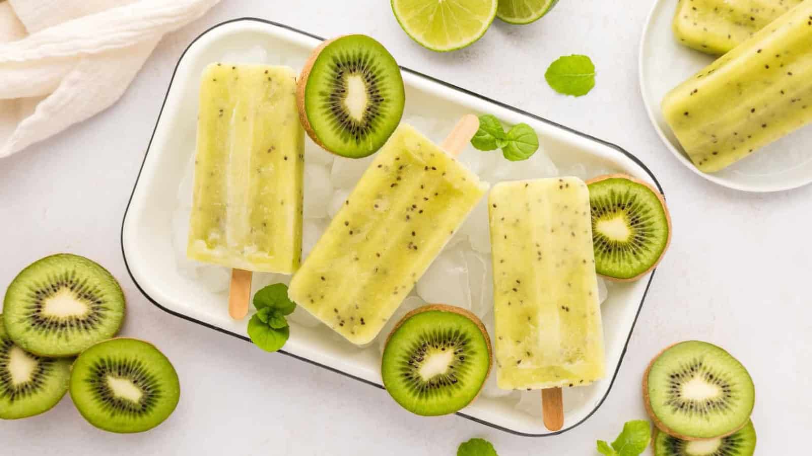 Bright kiwi popsicles with a sweet and tangy flavor.
