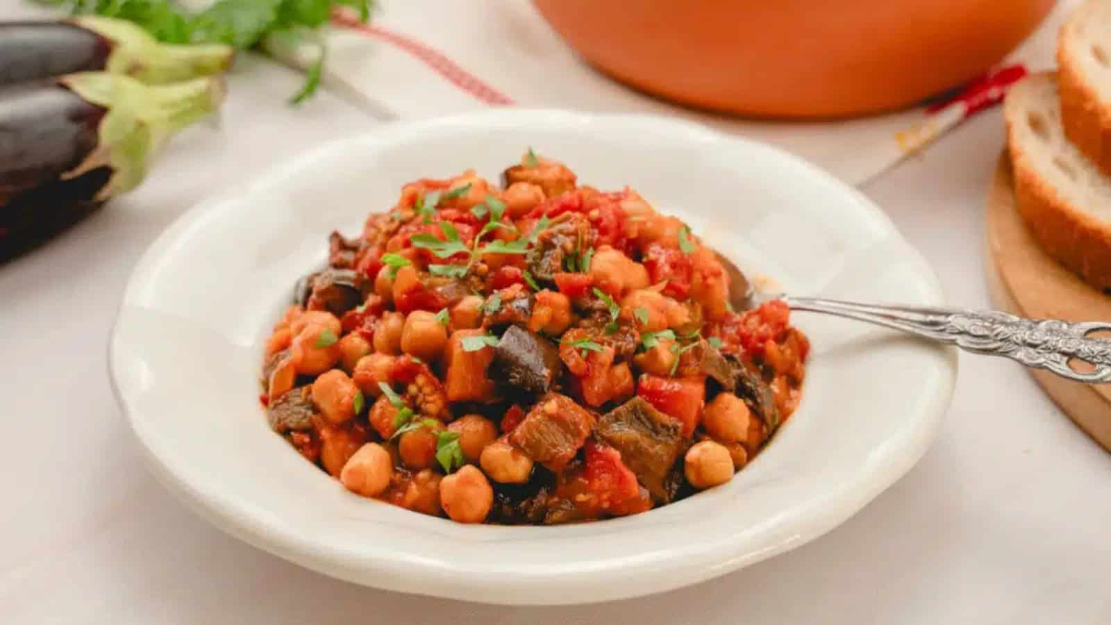 Lebanese eggplant stew cooked with chickpeas, tomatoes, and herbs.
