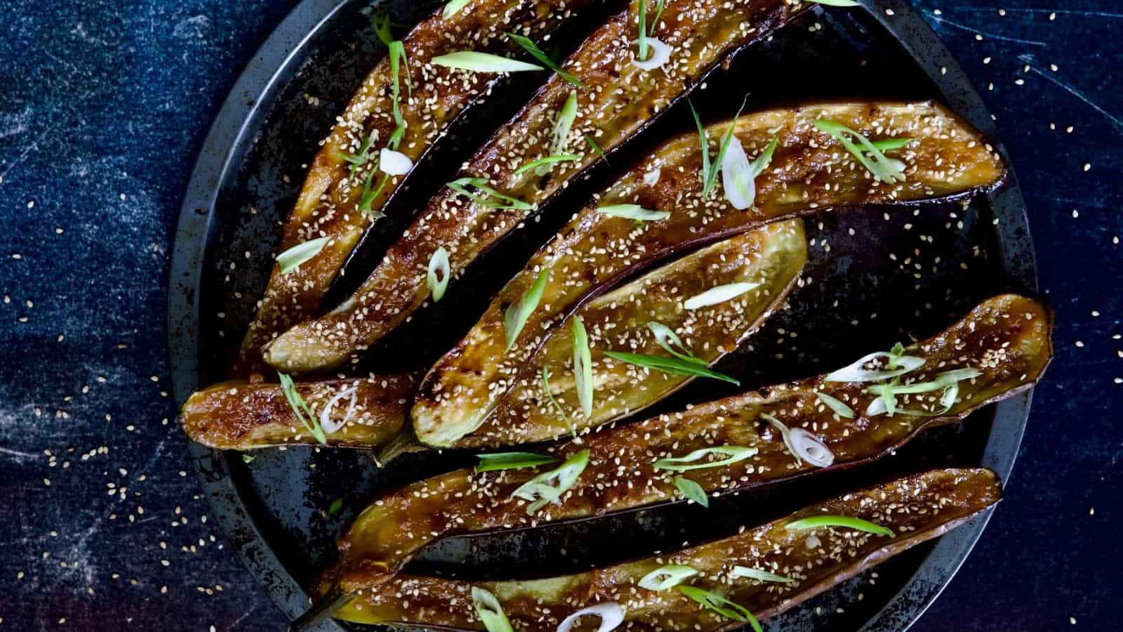 Roasted eggplant brushed with a sweet and savory miso glaze.