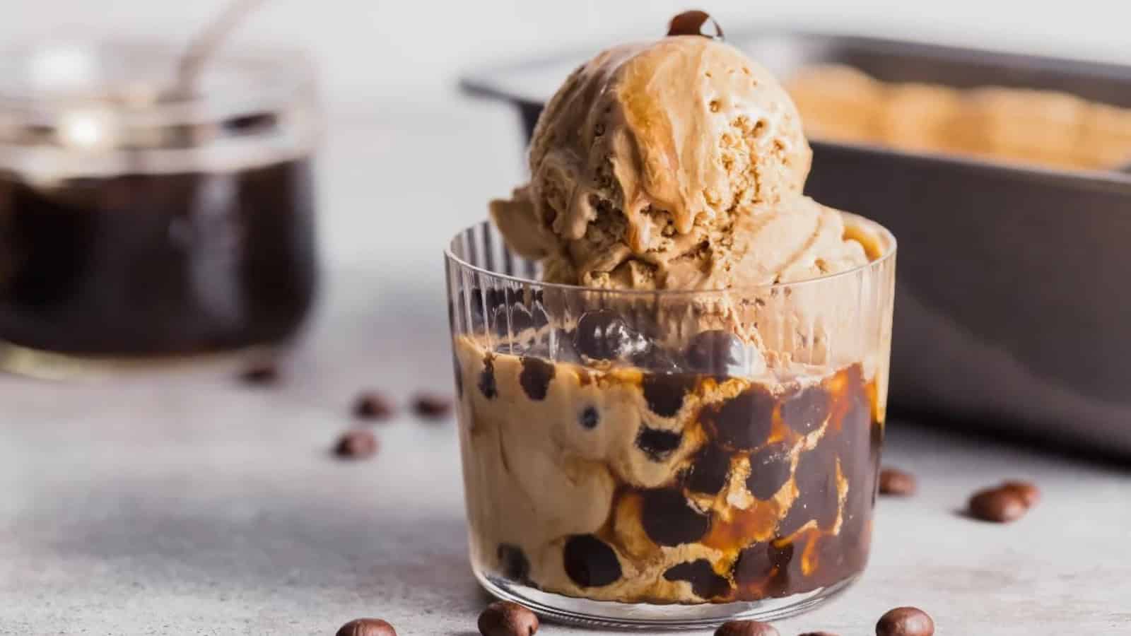 Creamy Vietnamese coffee ice cream topped with chewy boba pearls.