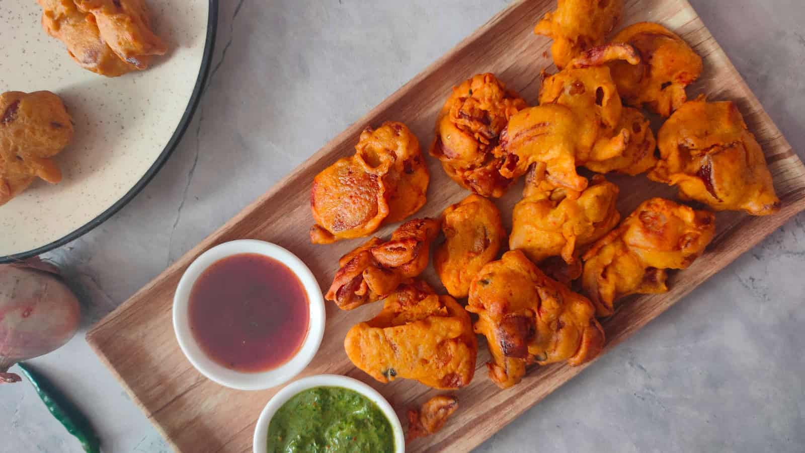 Crispy onion fritters made with spiced chickpea batter.