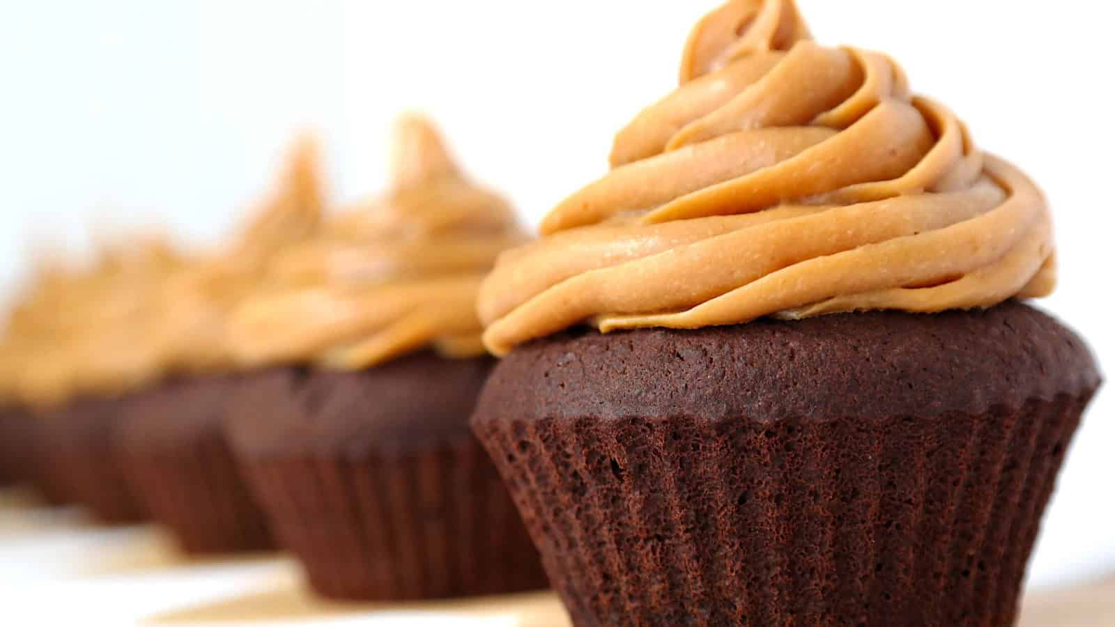 Protein-packed chocolate cupcakes topped with peanut butter frosting.