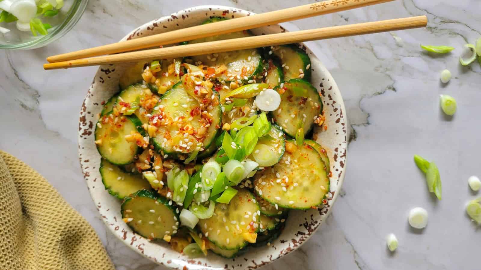 Crisp cucumber salad tossed in a savory Asian-inspired dressing.