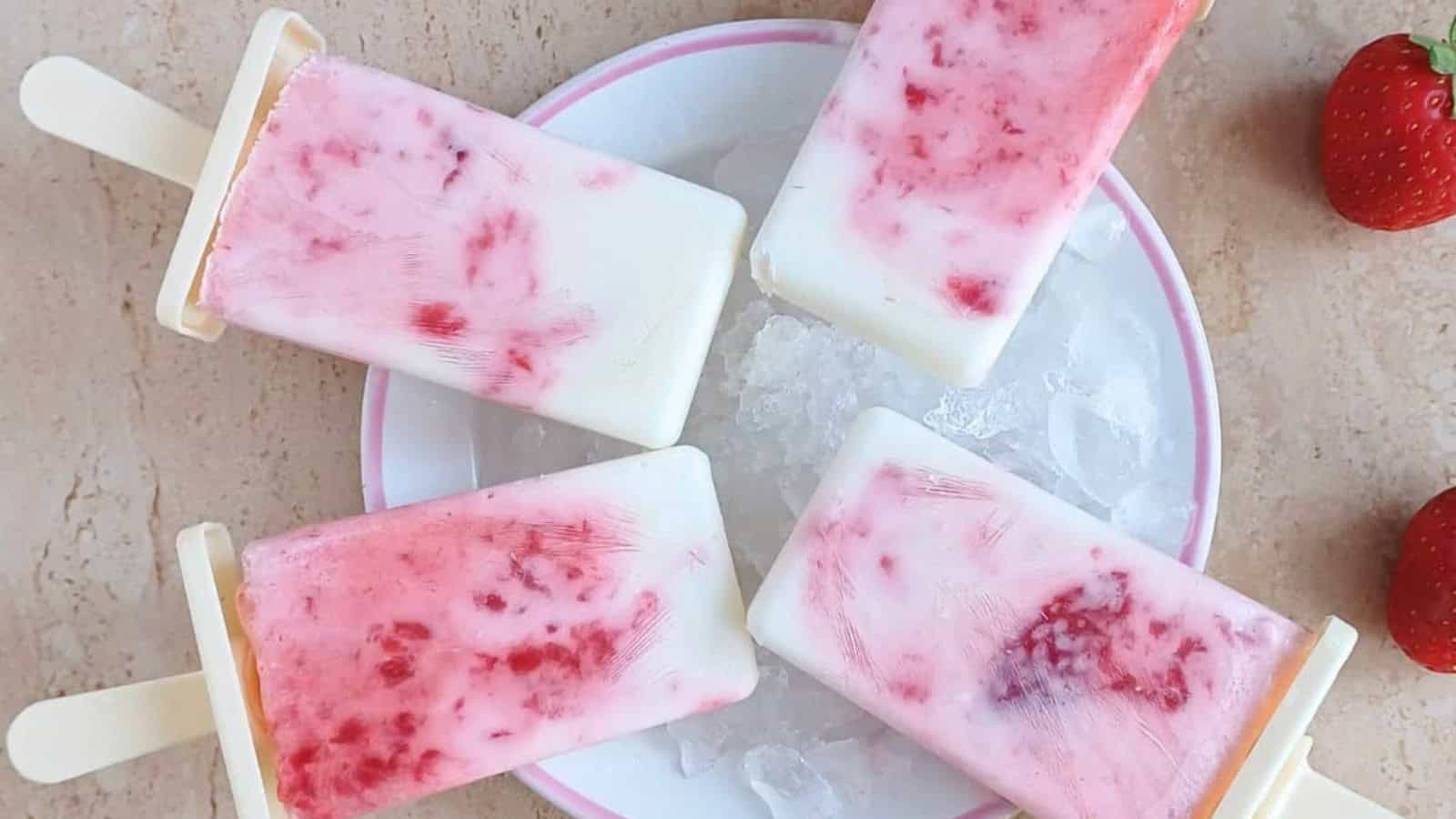 Creamy strawberry yogurt popsicles made with fresh berries.