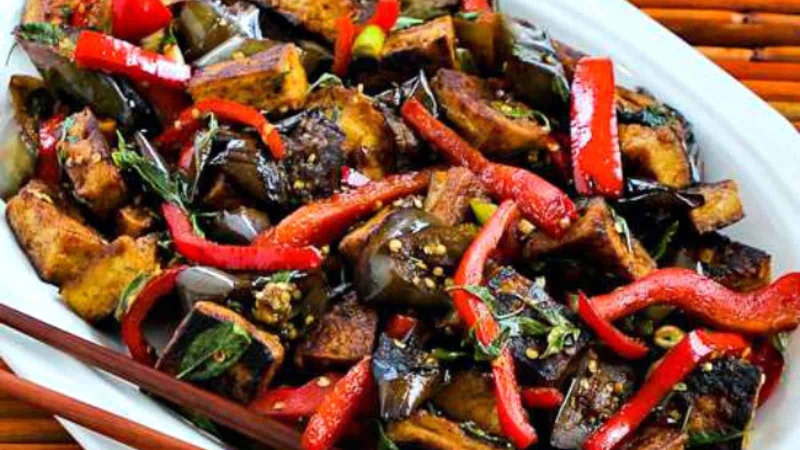 Stir-fried tofu and eggplant tossed in a spicy Sriracha sauce.