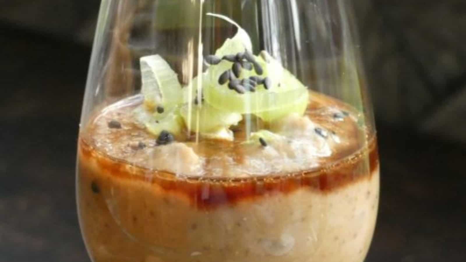 Creamy vegan eggplant mousse served as a savory appetizer.