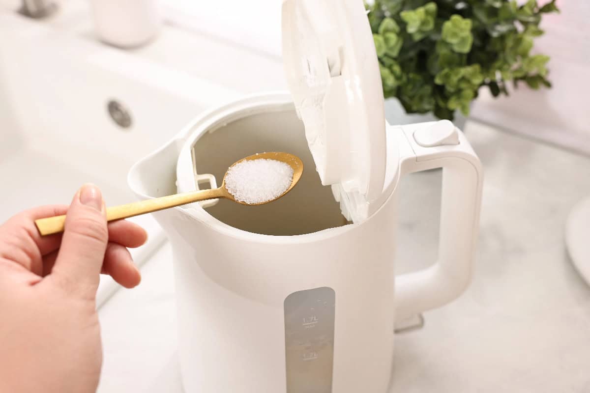 Adding baking soda to an electric kettle as part of the cleaning and descaling process.