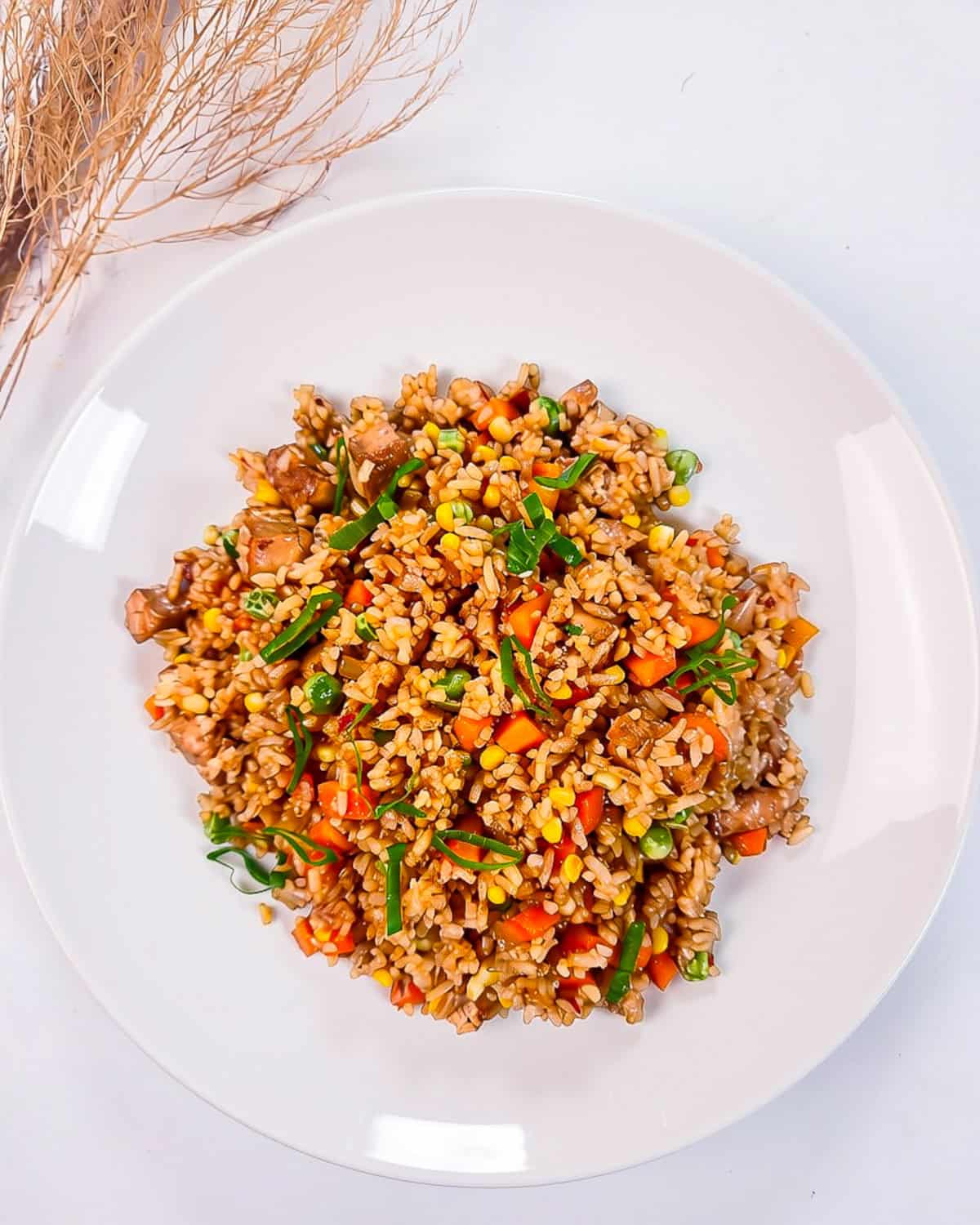 Overhead view of vegan nasi goreng served on a white plate with tofu, carrots, peas, corn, mushrooms, and green onions.