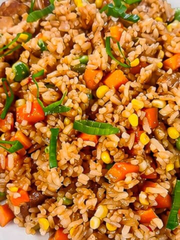 Close-up of vegan nasi goreng made with rice, tofu, carrots, peas, corn, mushrooms, and green onions.