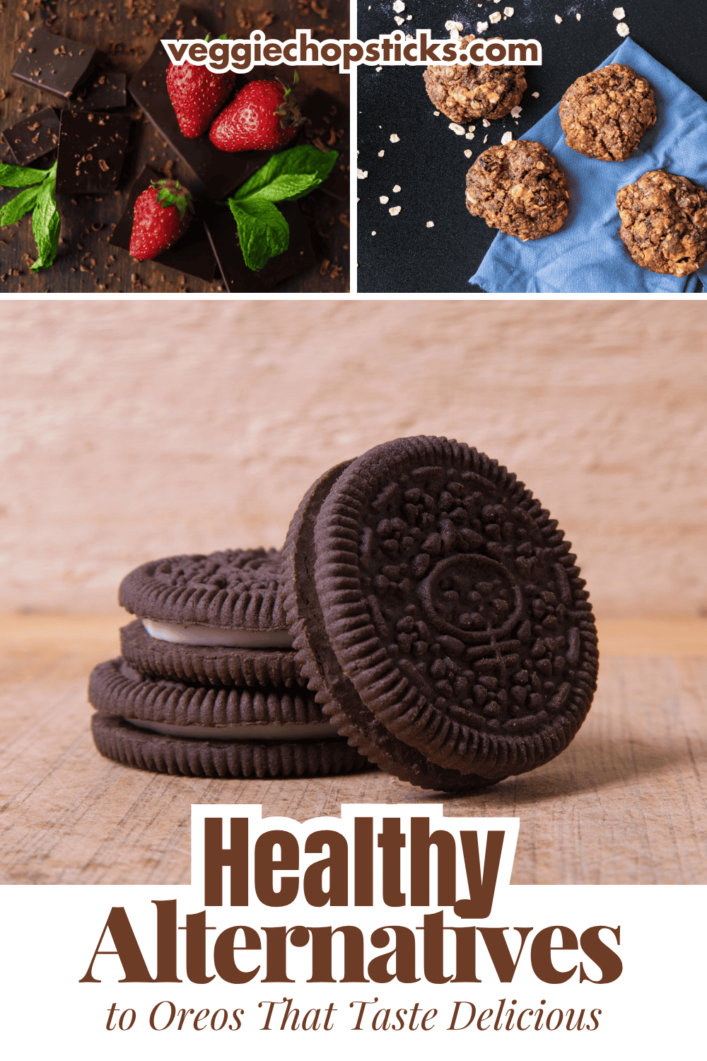 Stacked chocolate sandwich cookies on a wooden surface.