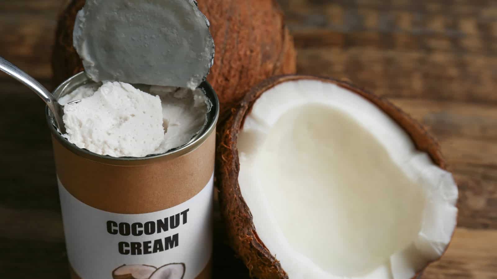 Coconut cream with fresh coconut halves.